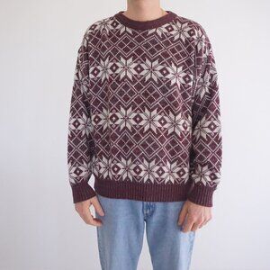 Vintage '90s Impulse Maroon White Snowflake Argyle Knit Crewneck Sweater Large